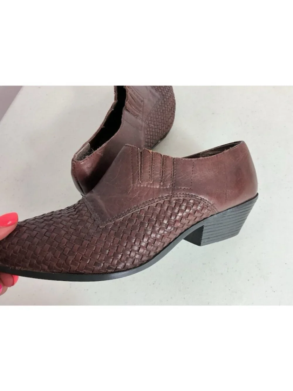 Vintage Brown Leather Western Slip on Shoes Woven Boots in Brazil Women's 10